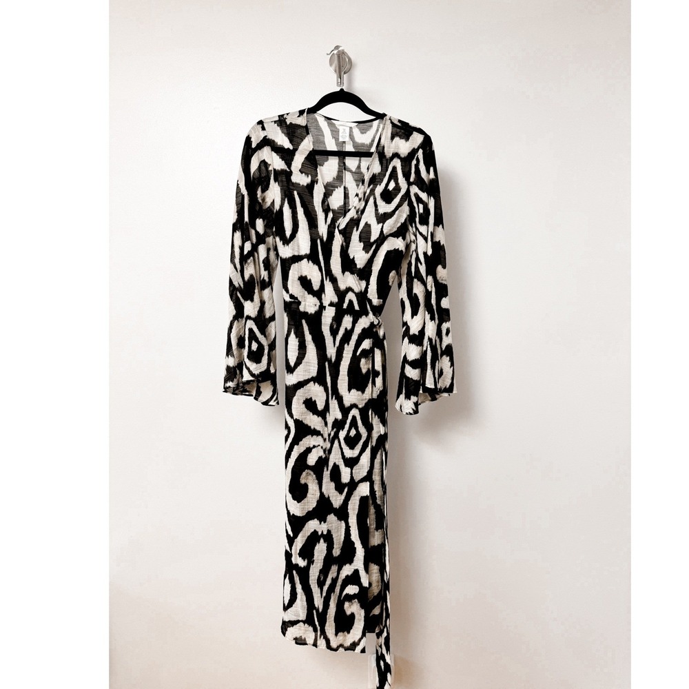 H&M Black White Abstract Ikat Wrap Dress Midi Bell Sleeve Duster Small
